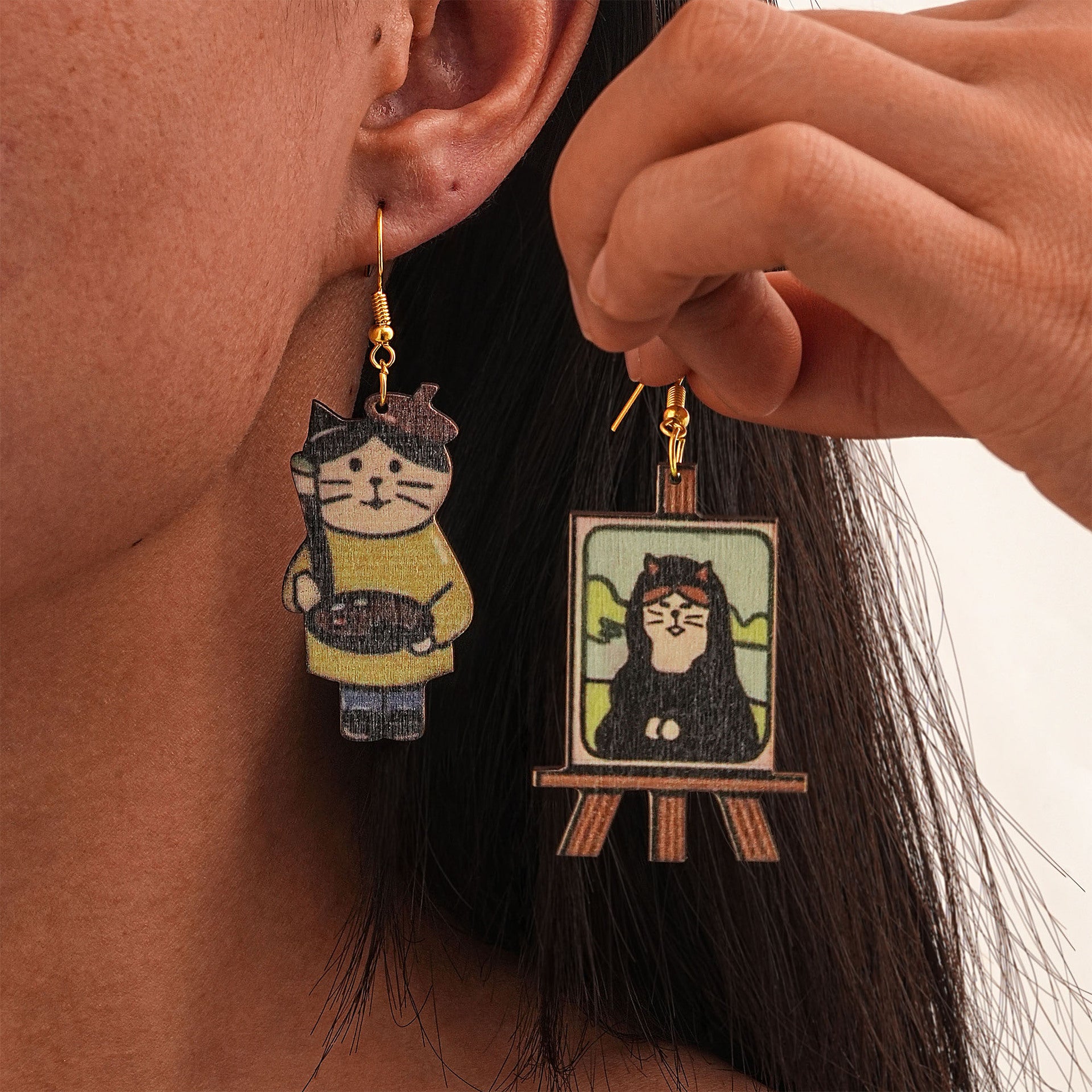 Wholesale  environmentally wooden earrings retro cartoon cat earrings