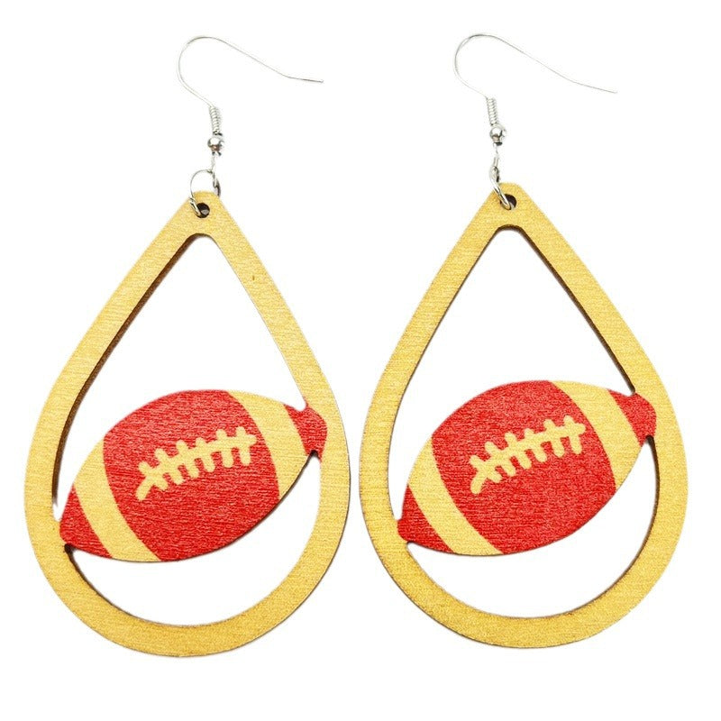 Wholesale 2pairs/pack Football Teardrop Shaped Cheerleading Sports Wooden Earrings ACC-ES-HY112