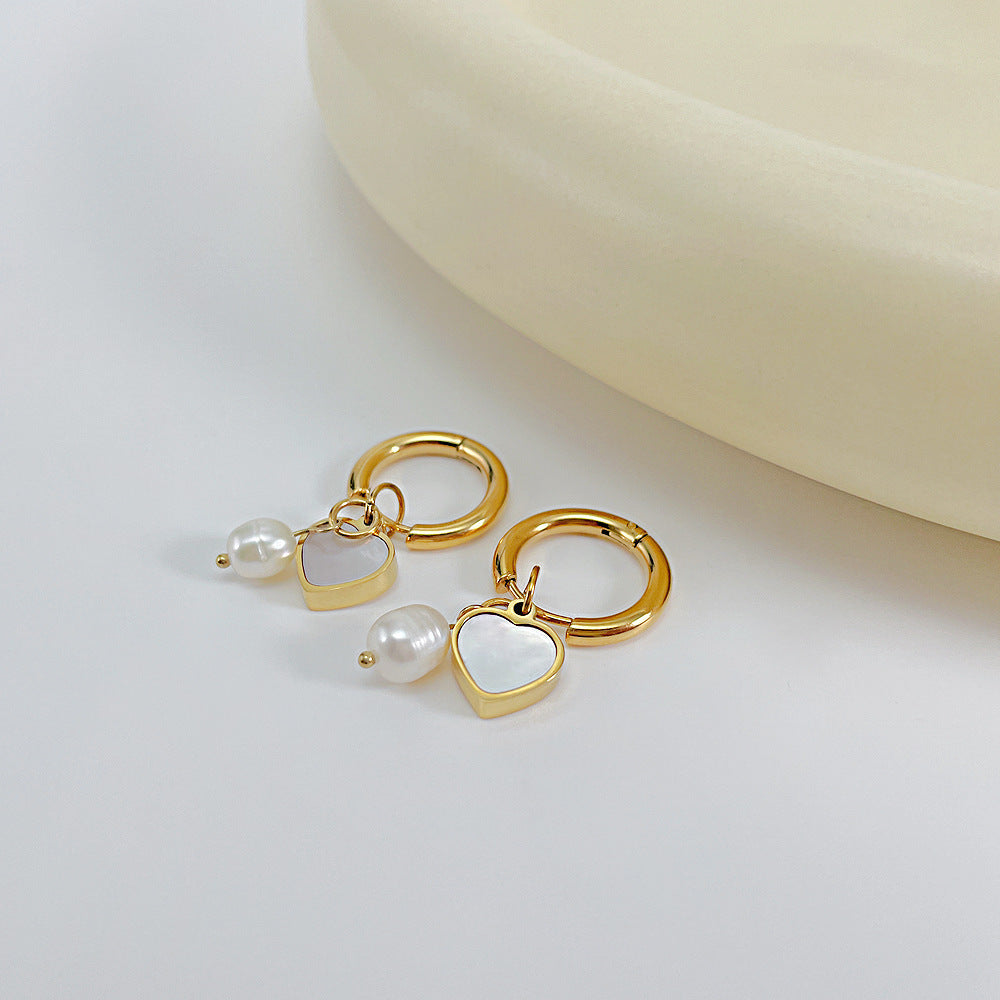 Wholesale Light Luxury Stainless Steel Earrings Baroque Freshwater Pearl Love Elegant Earrings