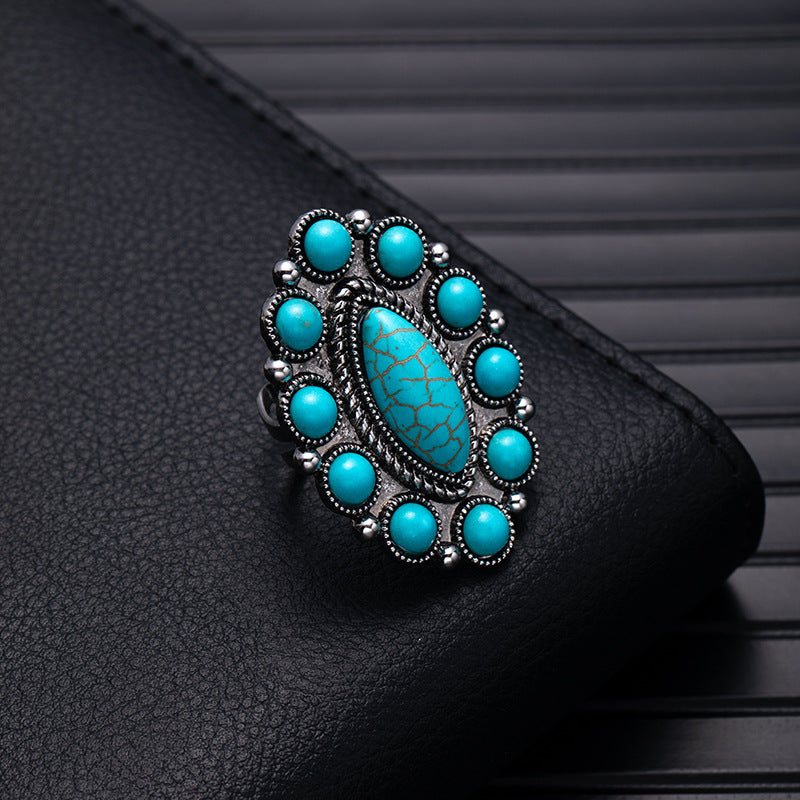 Wholesale Retro Bohemian Silver Flower Imitation Turquoise Ring - Fashion Accessory for Boutique Resale