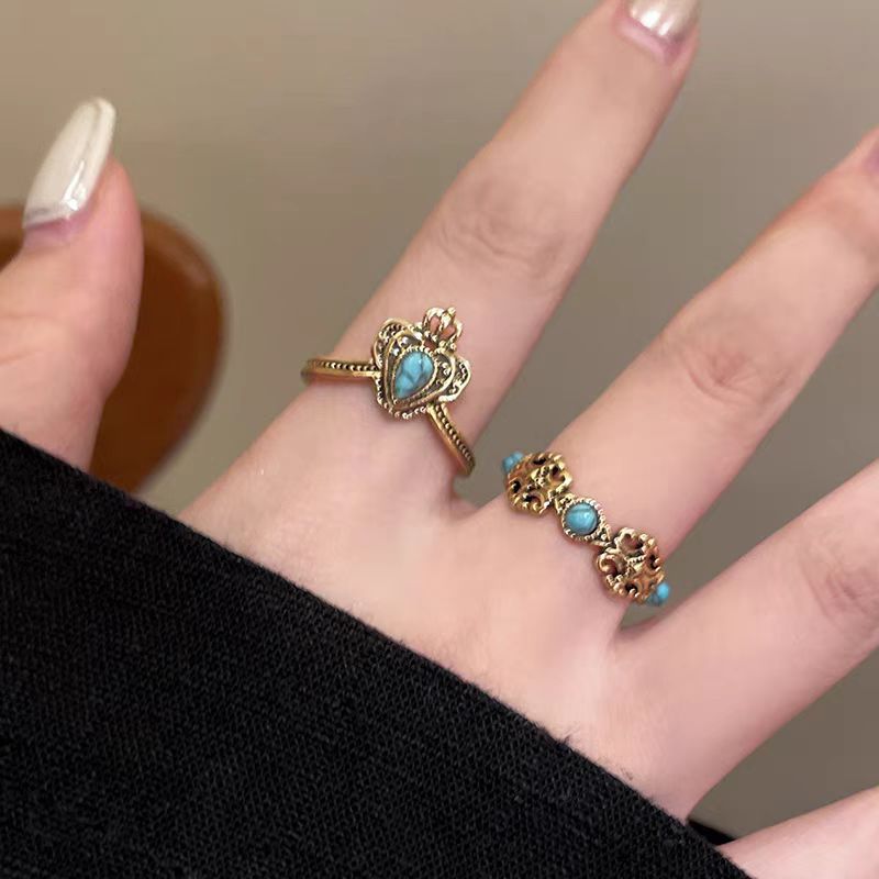 Wholesale Vintage Distressed  Turquoise Crown Iris Flower Opening Ring