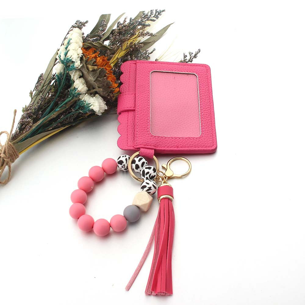 Wholesale Silicone PU Leather Tassel Bracelet Wooden Beads Wallet Keychain ACC-KC-JinAn023