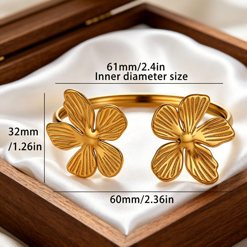 Wholesale Stainless Steel Electroplated Flower Open Cuff Bracelet - Trendy Boutique Resale Jewelry