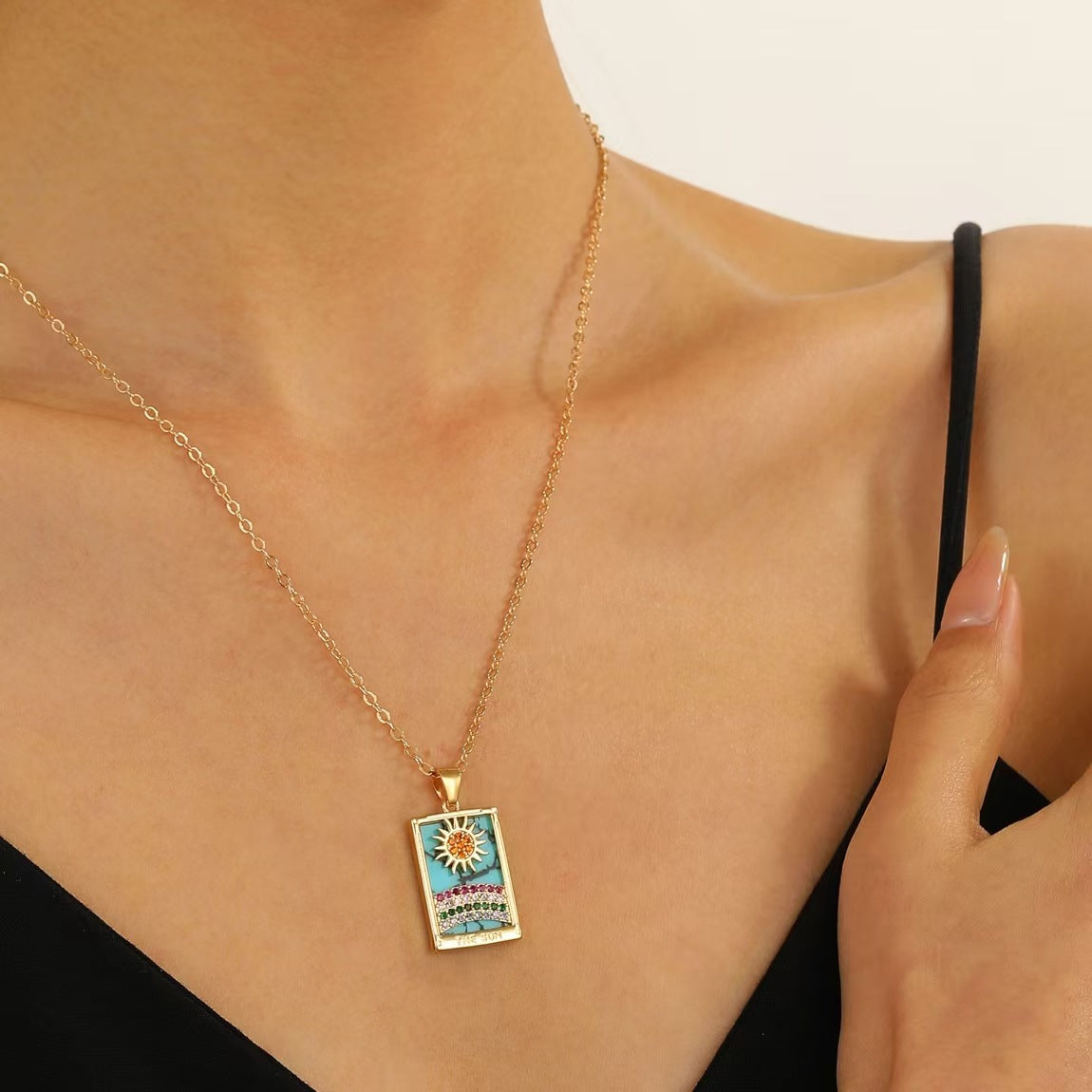 Vendita all'ingrosso Anelli con collana a goccia rettangolare con pendente retrò