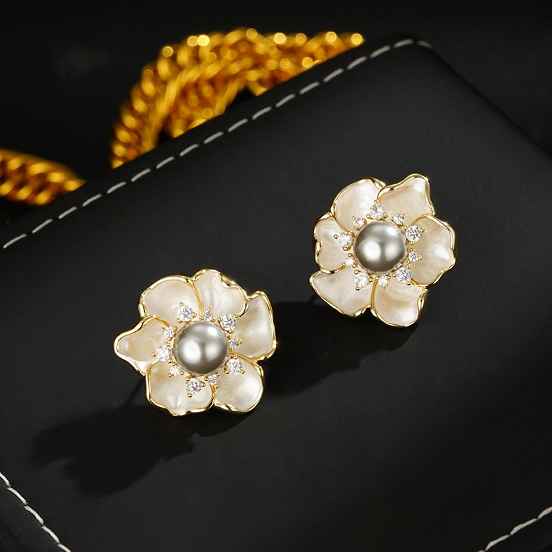 Wholesale  gray pearl camellia earrings drop oil flower earrings