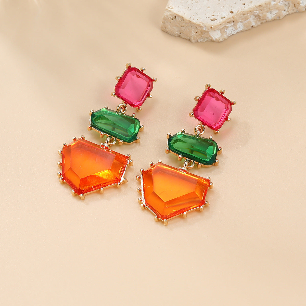 Wholesale Bohemian Jewelry Colored Diamond Earrings with Exaggerated Geometric Shapes and Color Blocking Earrings ACC-ES-JL004