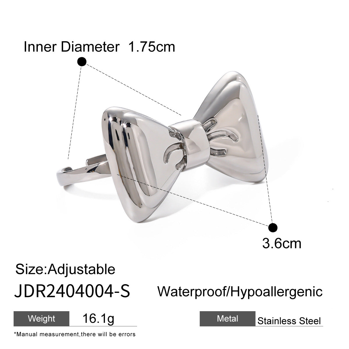 Wholesale bow 18k gold stainless steel bow open two-finger ring