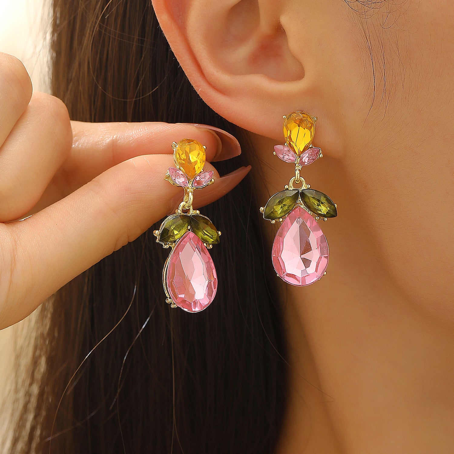 Wholesale Colorful Zircon Teardrop Leaf Necklace and Earring Set