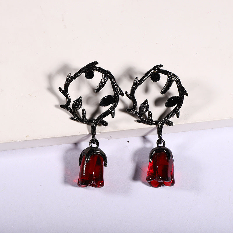 Wholesale Halloween Dark Style Wind Thorn Rattan Red Rose Flower Earrings ACC-ES-KMan001