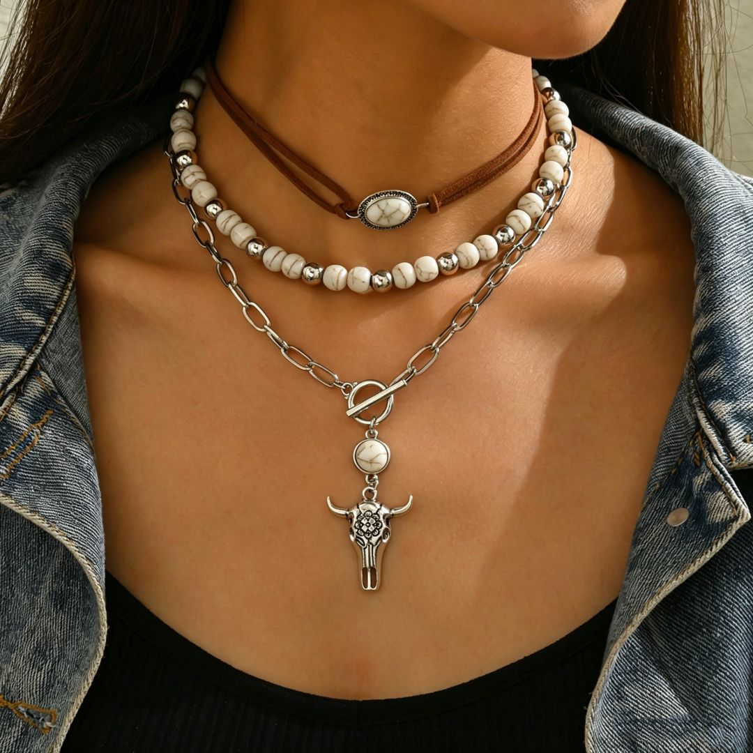 Wholesale Electroplated Alloy Cowboy Necklace Set Vintage Bull Head Turquoise Jewelry Accessory