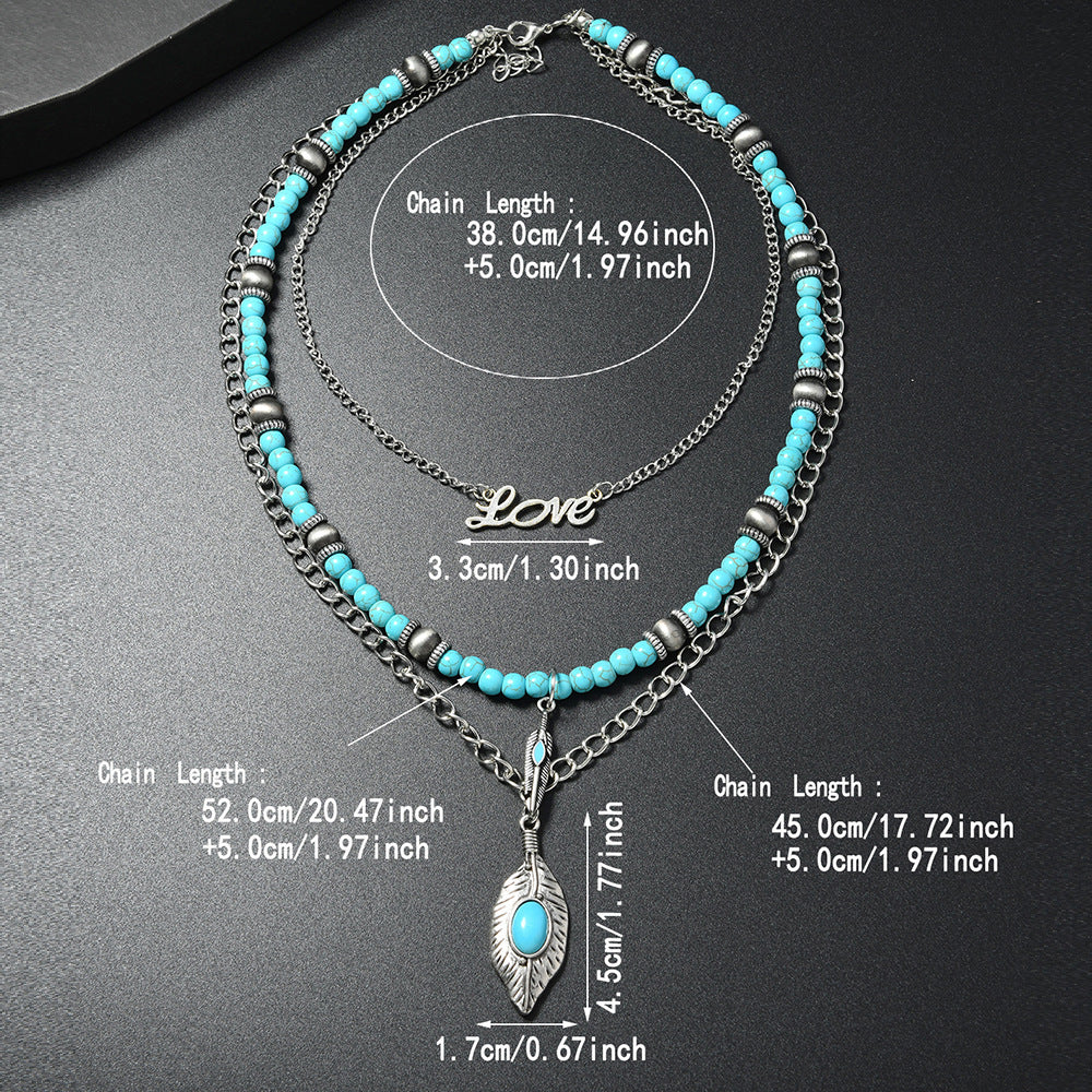 Wholesale Vintage Turquoise Beaded Layered Necklace Women Bohemian Multi Strand Pendant Jewelry Gift