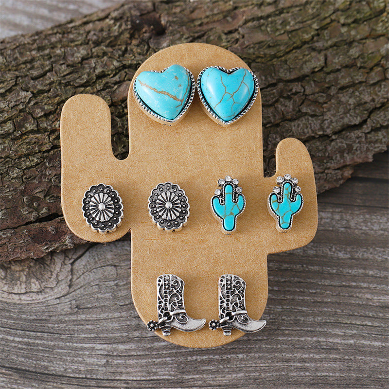 Wholesale 4pcs/set Retro Turquoise Love Cactus Cattle Head Cowboy Boots Earrings
