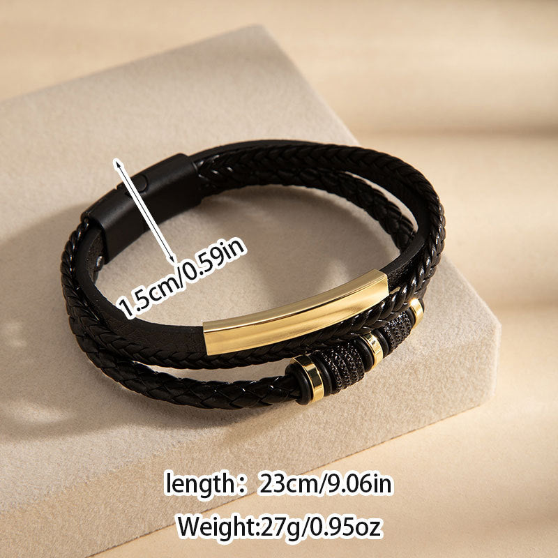 Wholesale Woven PU Leather Men S Fashion Bracelet Three Layer Design With Engravable Alloy Magnetic Clasp Everyday Accessory