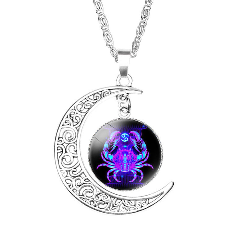 Wholesale Twelve Constellation moon necklace Time Gem crescent moon pendant with chain