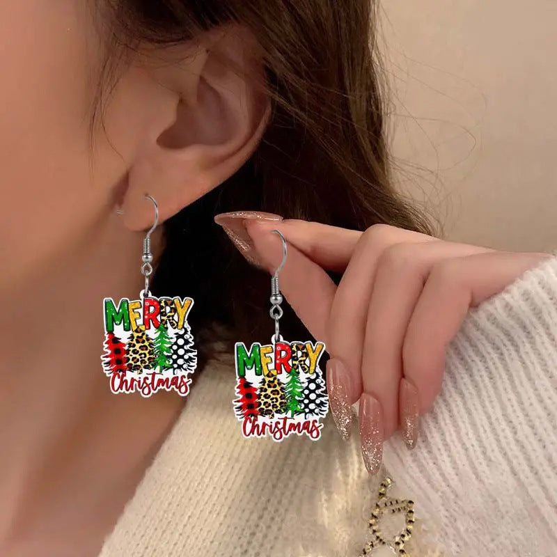 Wholesale  creative Christmas earrings leopard Plaid spot Christmas tree earrings