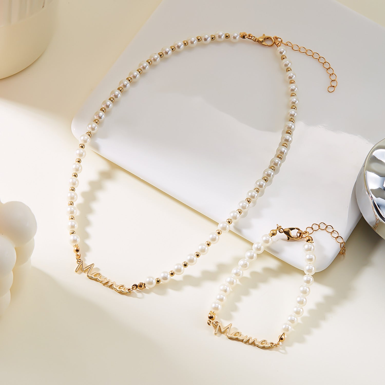 Wholesale Mother's Day Letters Mama Pearl Necklace Bracelet suit