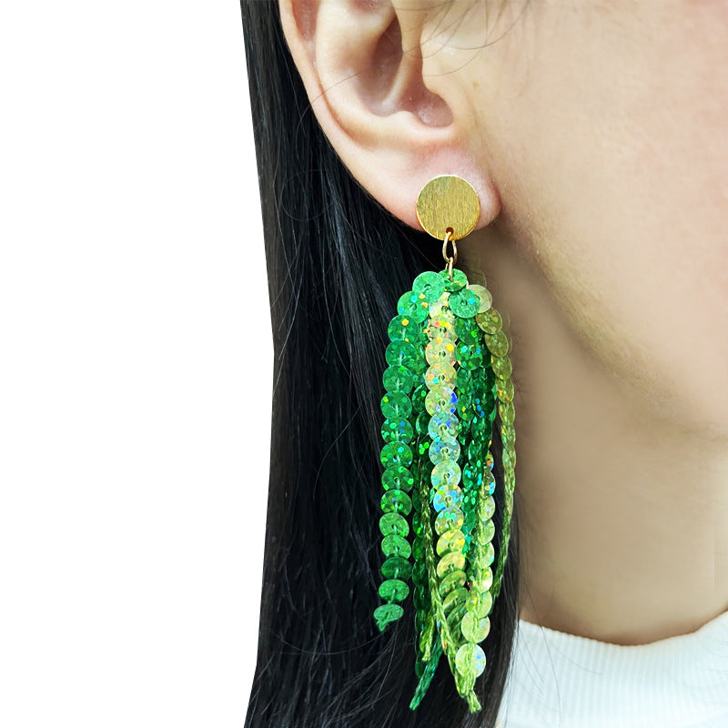 Wholesale 2 pairs/pack St. Patrick's Green Sparkling Tassel Metal Stud Earrings ACC-ES-HY225