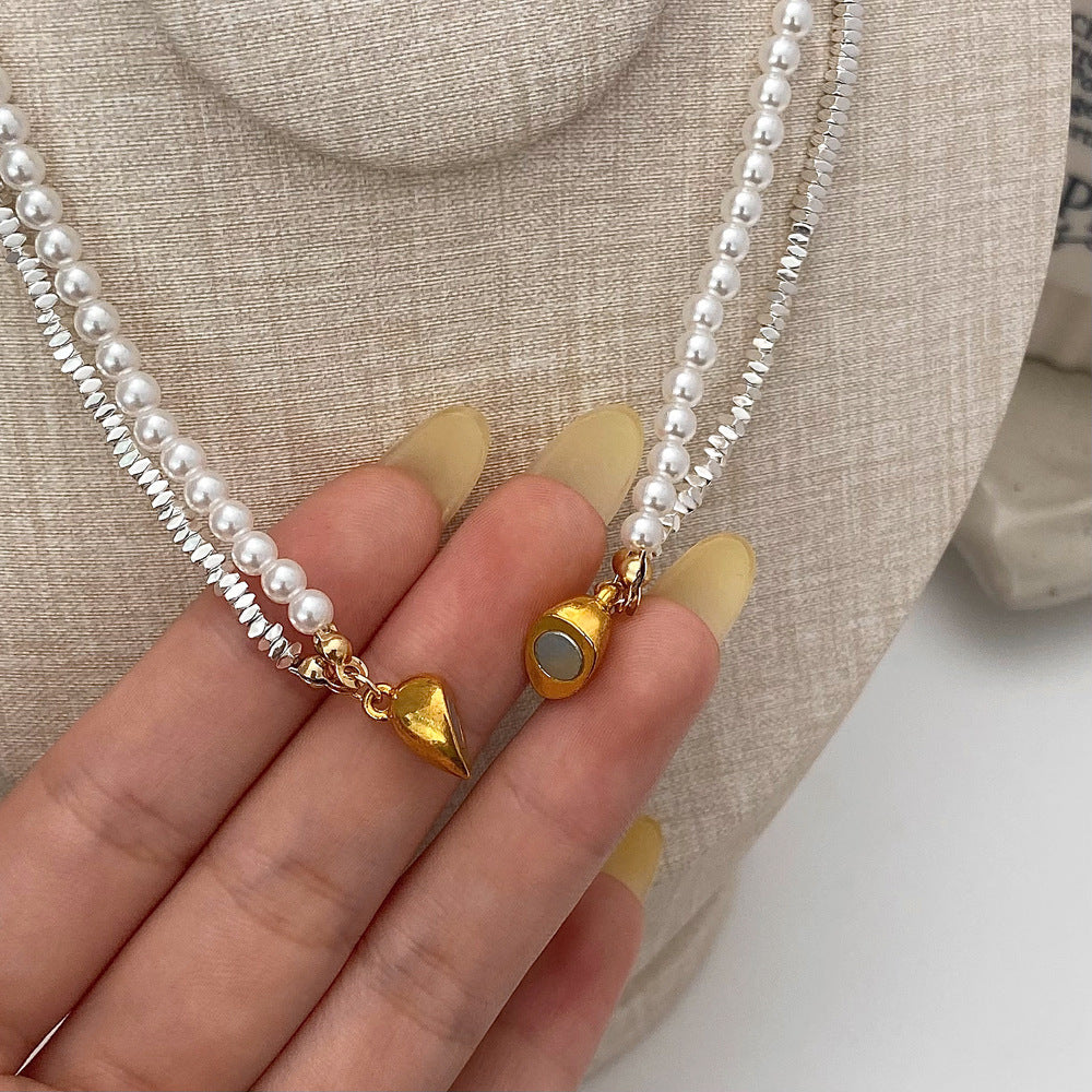 Wholesale Retro Style Broken Silver Pearl Magnetic Love Necklace