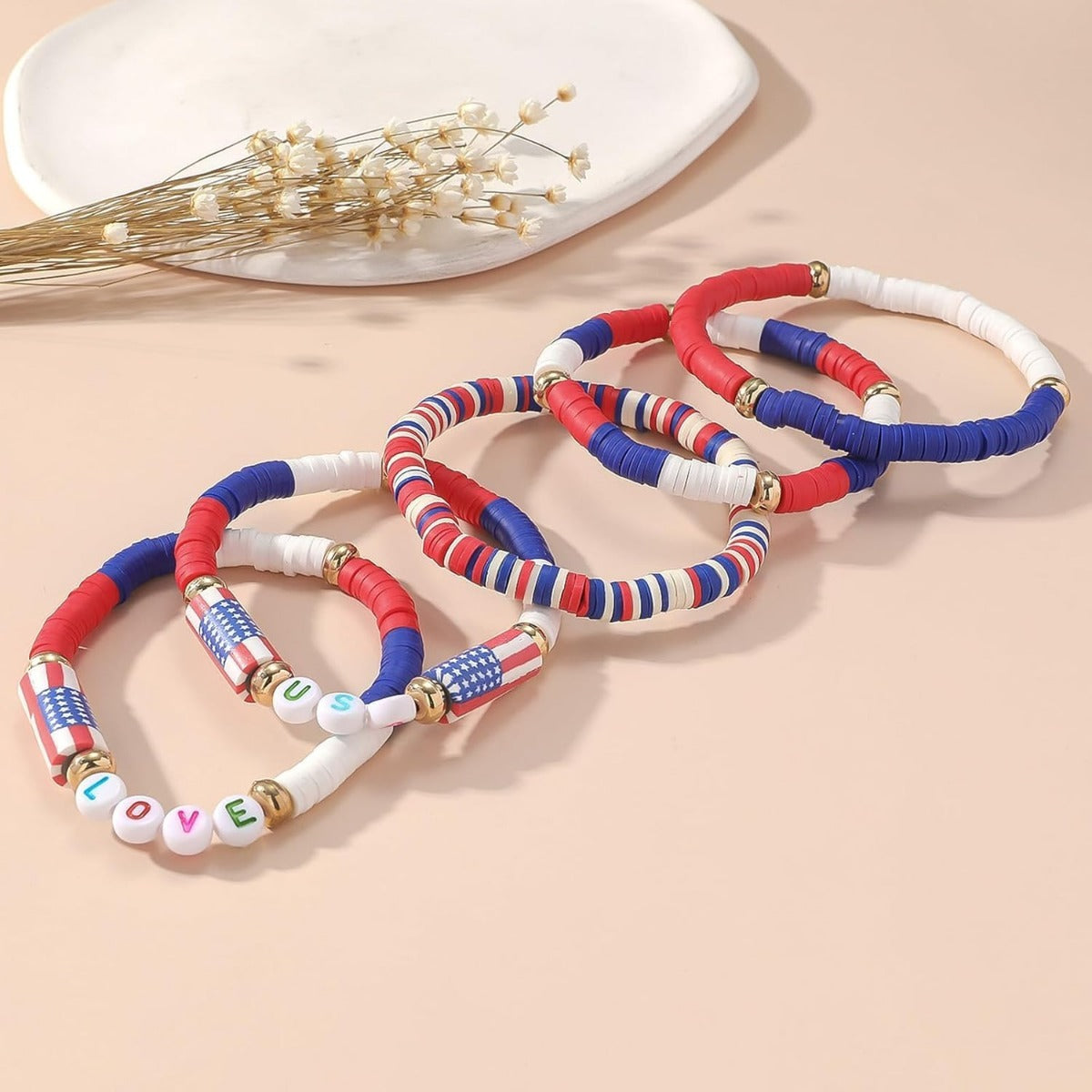 Wholesale  Independence Day Bracelet Clay Bead bracelet Flag Bracelet Letter Bracelet Layered Bracelet Set