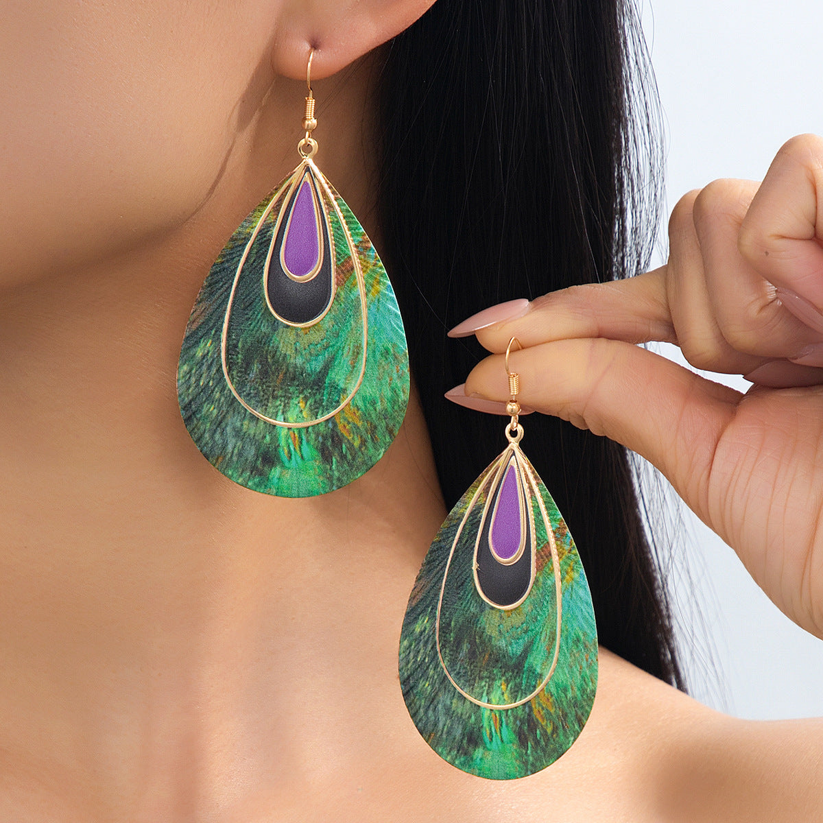 Wholesale Trendy Green Peacock Print Water Drop Earrings For Women Party Jewelry Accessory
