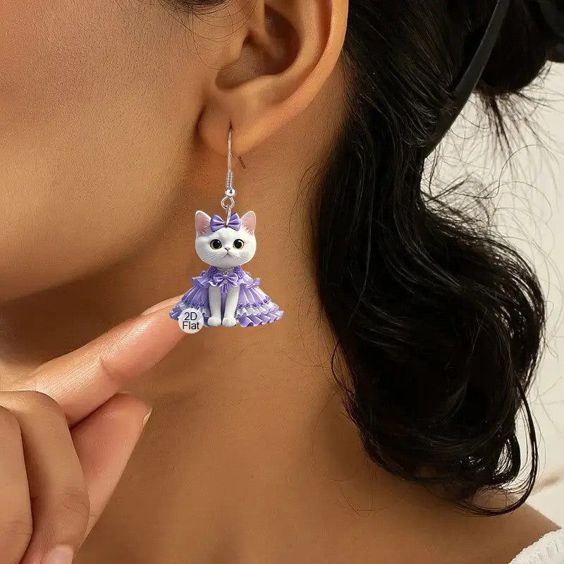 Wholesale Purple Dress White Cat Acrylic Earrings