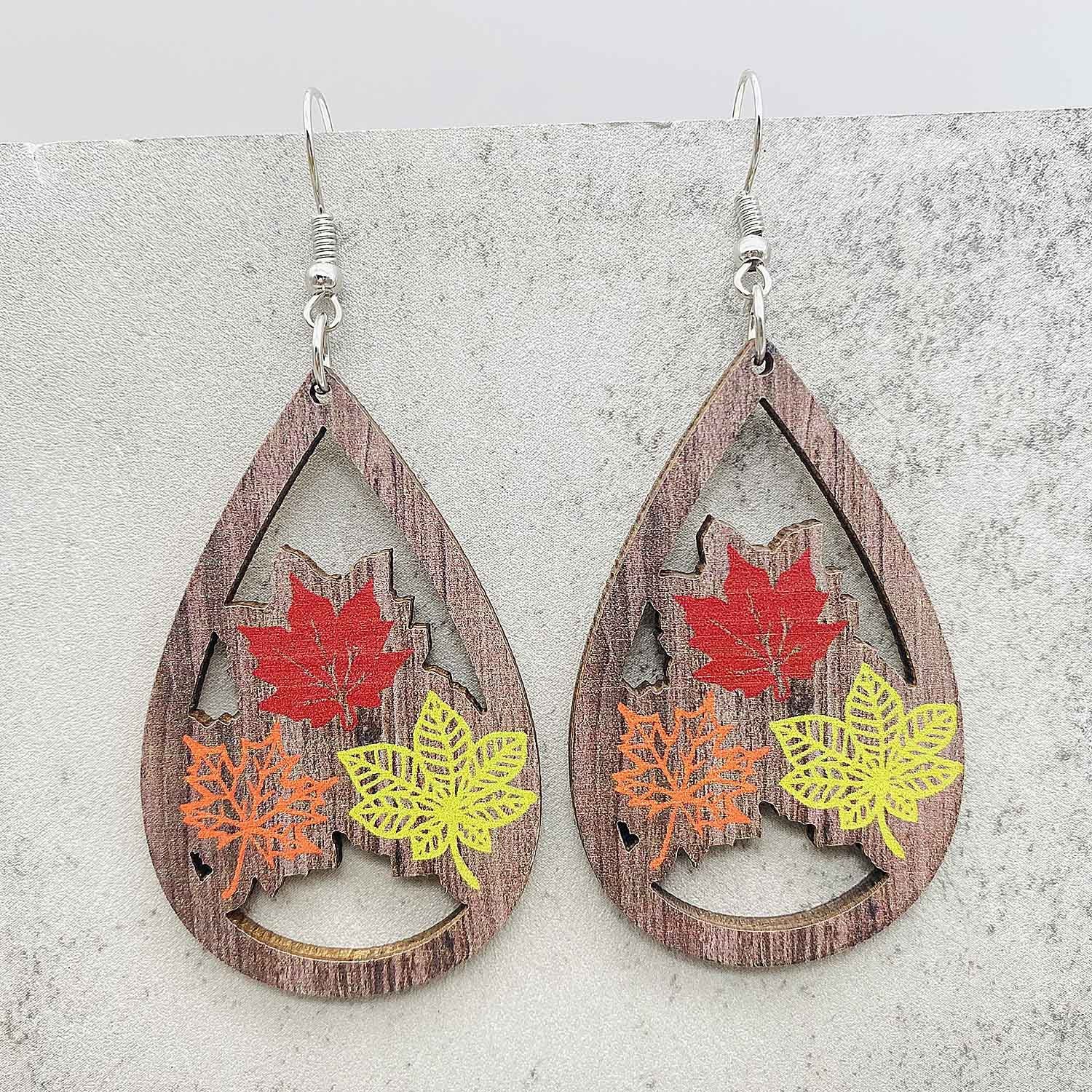 Wholesale  Thanksgiving Wooden Earrings Pumpkin Turkey Maple Leaf Print Drop Earrings