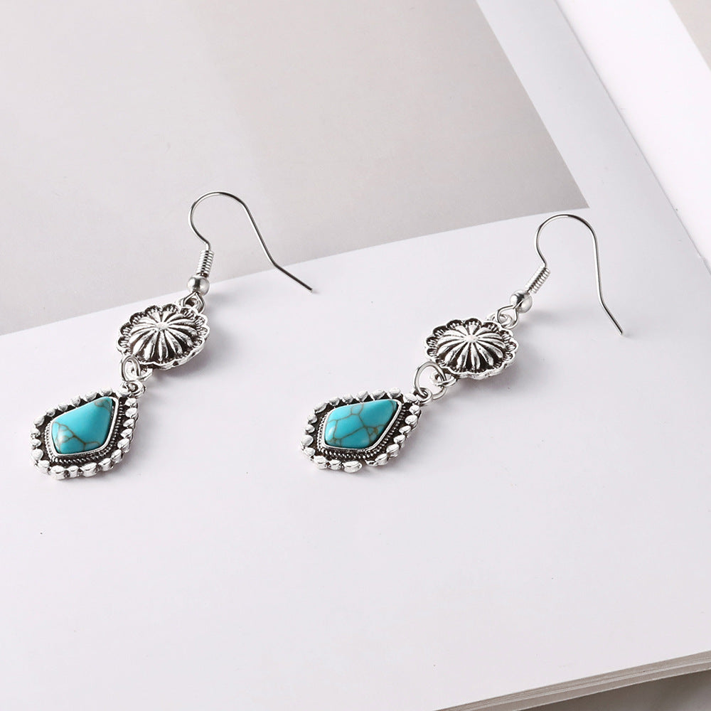 Wholesale  Bohemian vintage carved turquoise long earrings