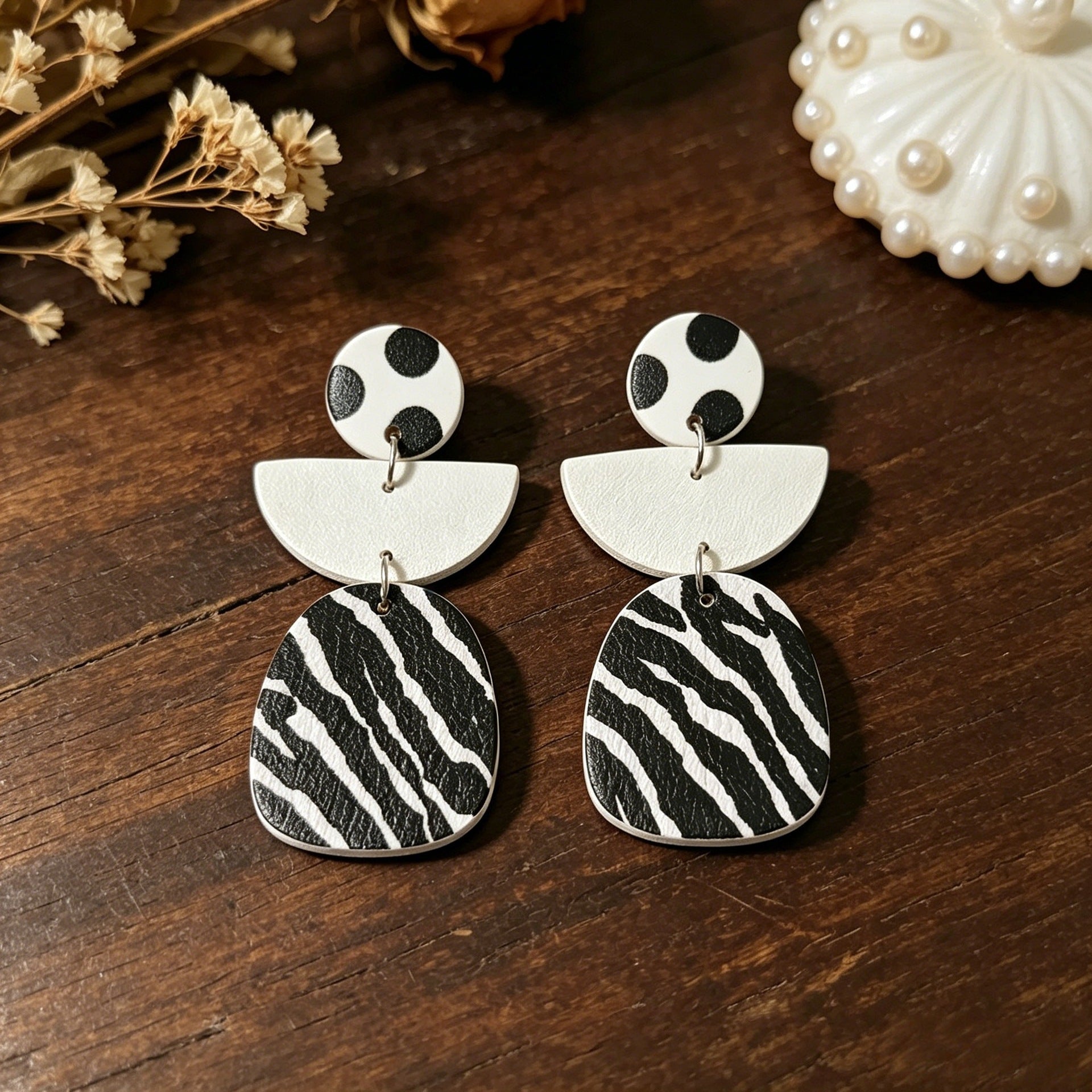 Wholesale Geometric Leather Earrings with Black White Polka Dot Zebra Pattern for Party Fashion Accessory