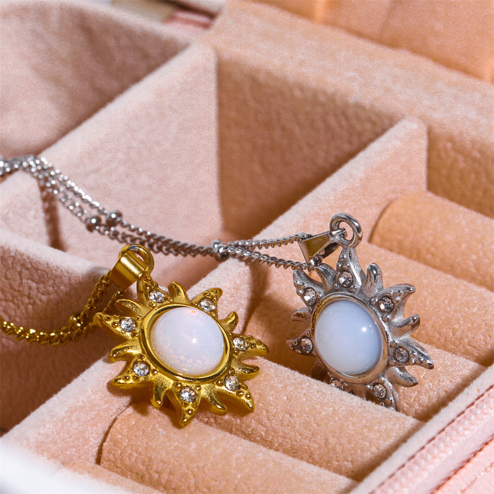 Wholesale Natural Opal Sun Pendant Necklace Vintage Clavicle Chain Stainless Steel ACC-NE-HS021