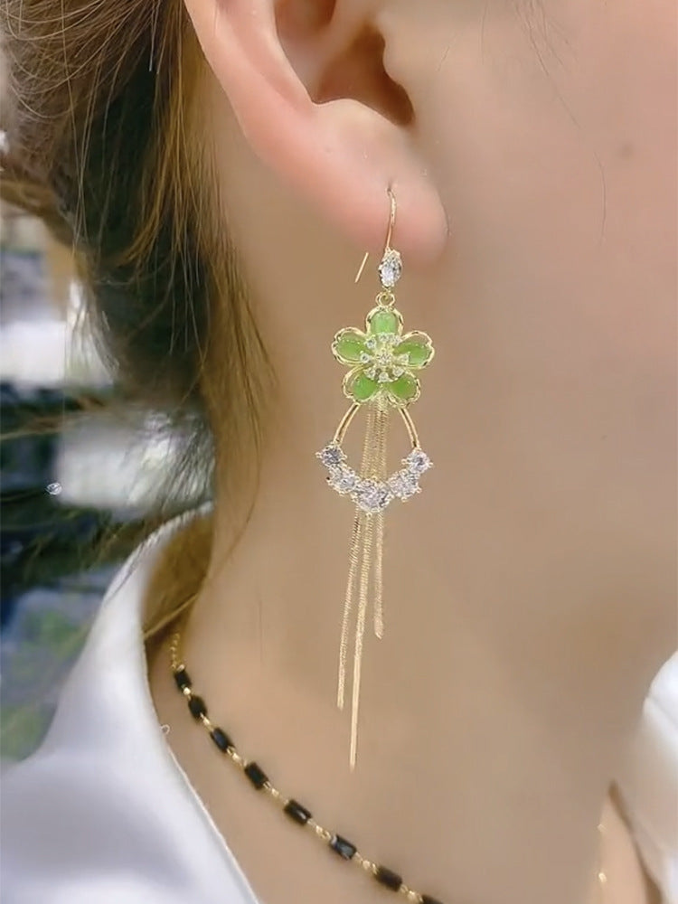 Wholesale Green Cat's Eye Flower Tassel Earrings