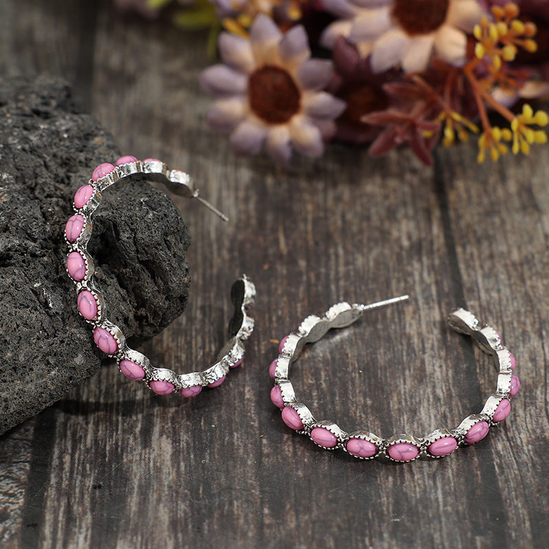 Wholesale Alloy C-Shape Bohemian Earrings Pink Turquoise Electroplated for Fashion Gift Boutique