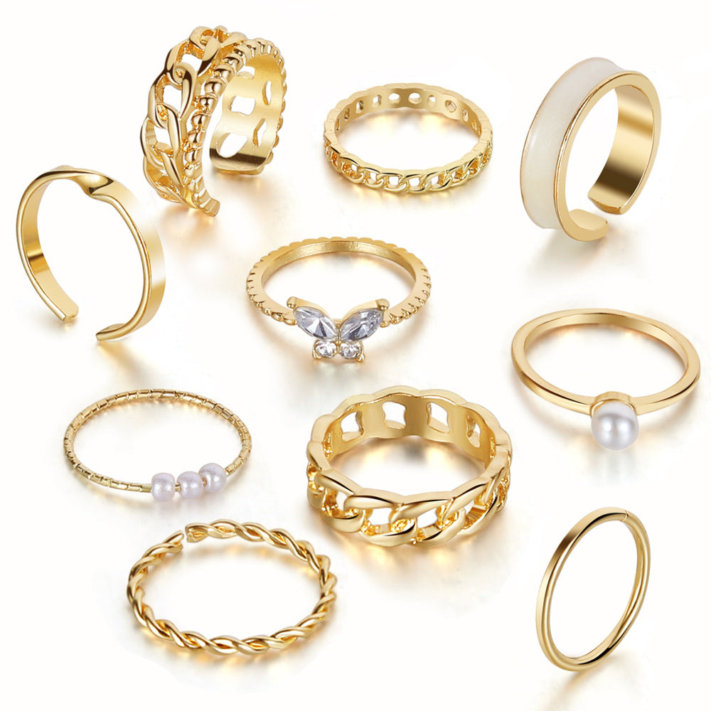 Wholesale 10pcs/set Vintage Style Pearl Embedded Chain Link Ring Set