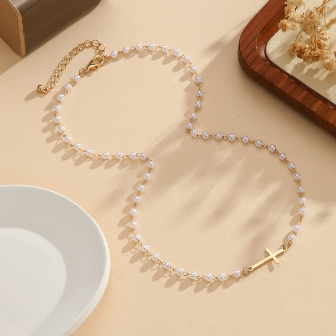 Wholesale Electroplated Alloy Cross Pearl Necklace European Style Women' s Jewelry Accessory