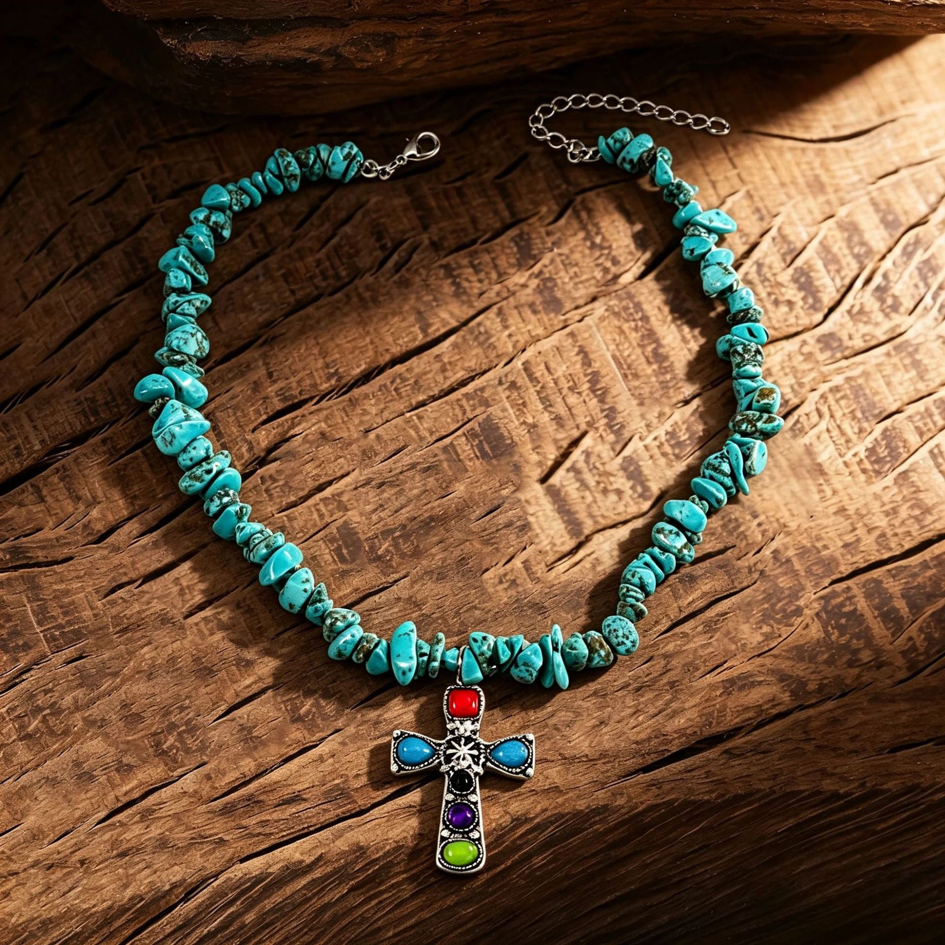 Wholesale Retro Turquoise Chip Stone Cross Pendant Choker Necklace Chic Fashion Jewelry Accessory For Gift Boutique Resale