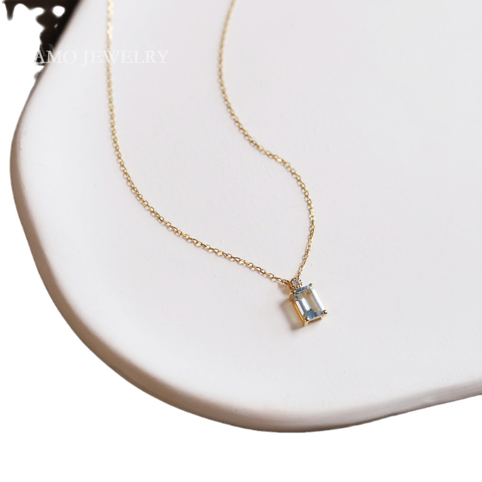 Wholesale 925 Sterling Silver Plated 18k Gold Square Aquamarine Collarbone Necklaces