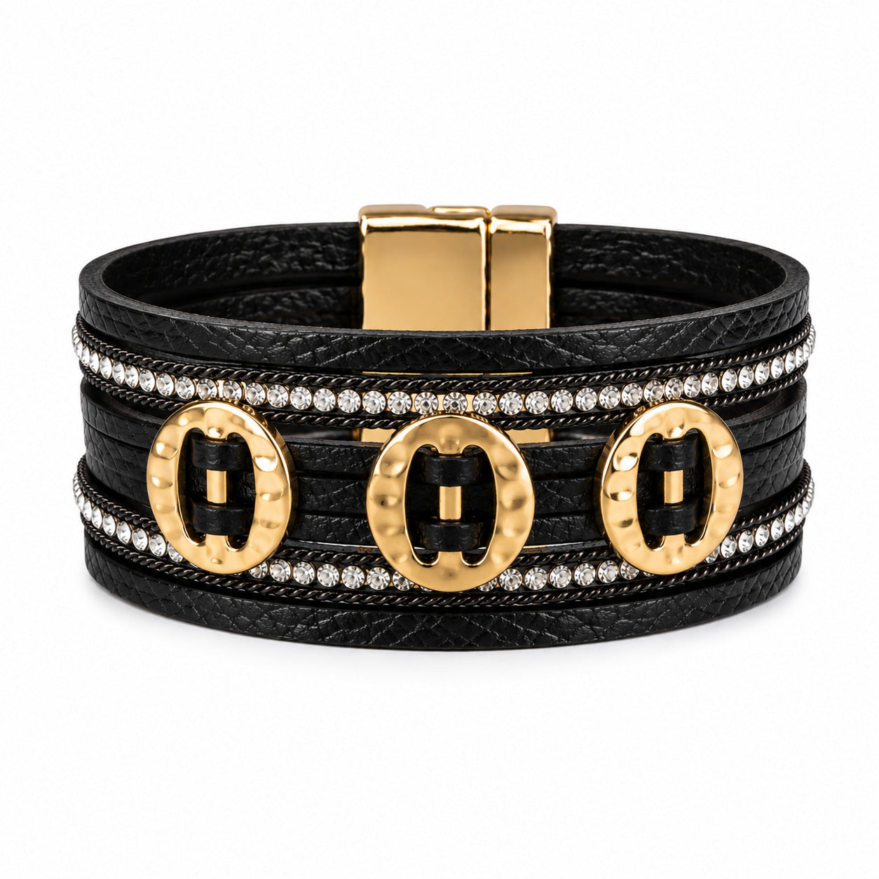Wholesale Women S Multi Layer PU Leather Bracelet With Gold Plated Buttons And Rhinestones Magnetic Clasp Fashion Jewelry Accessory For Everyday Wear
