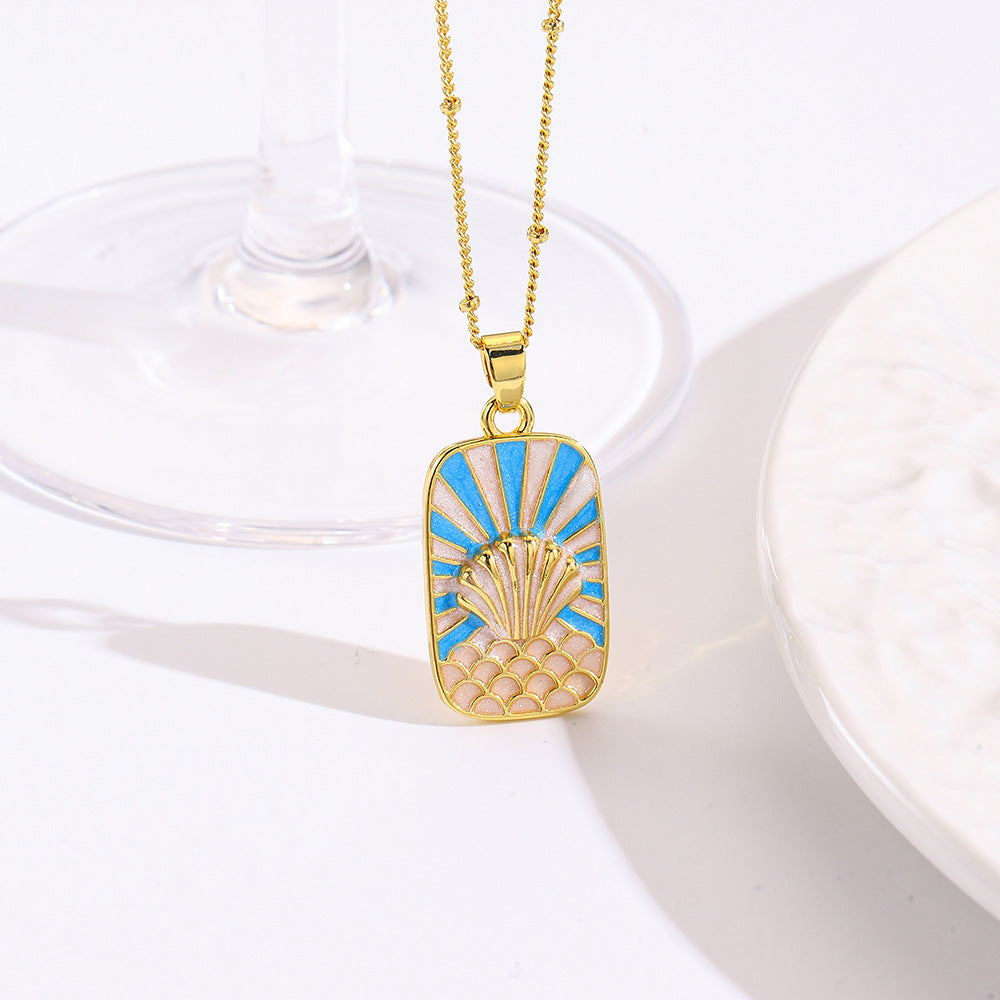 Wholesale square color dripping copper love conch shell eye moon jellyfish tarot pendant necklace