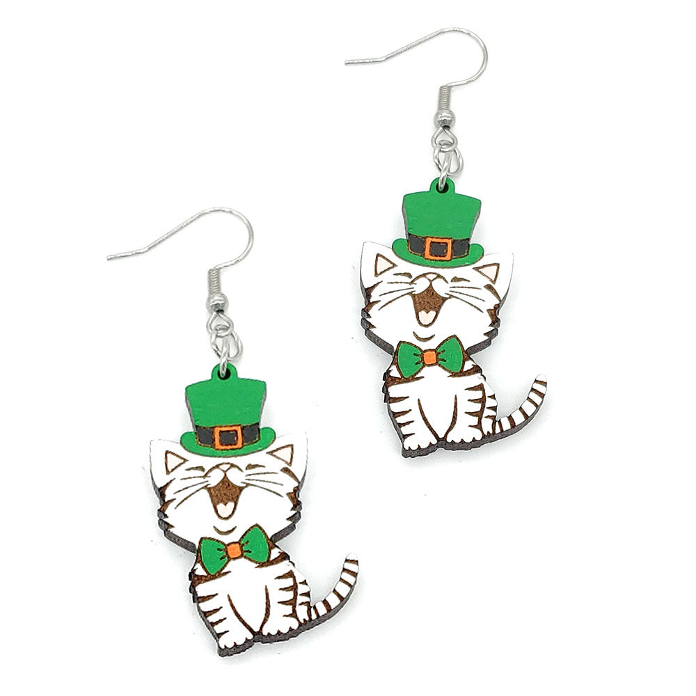 Wholesale 5pcs St. Patrick's Day Dog Cat Wooden Earrings
