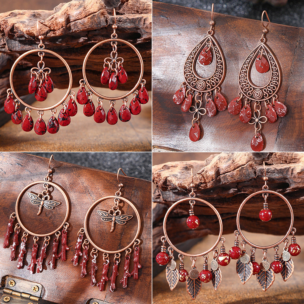 Wholesale Vintage Chinese Style Red Tassel Earrings Long Exaggerated Party Wear Jewelry Accessory