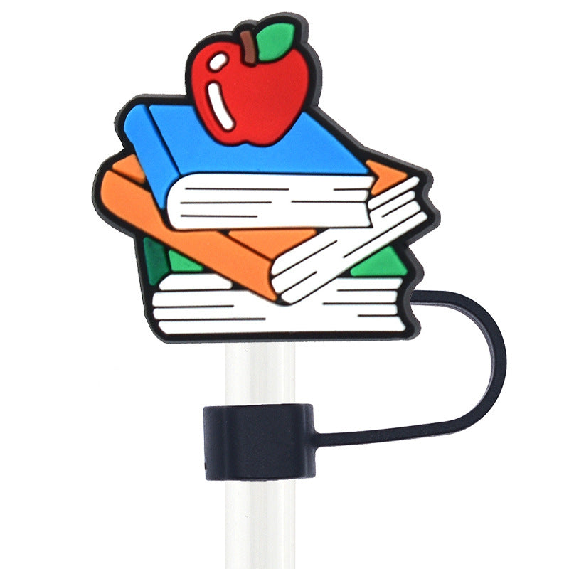 Wholesale Random 100pcs Apple Book Teacher Straw Tube Cap 10mm Soft Glue Straw Decoration Straw Cover ACC-SCR-RYY034