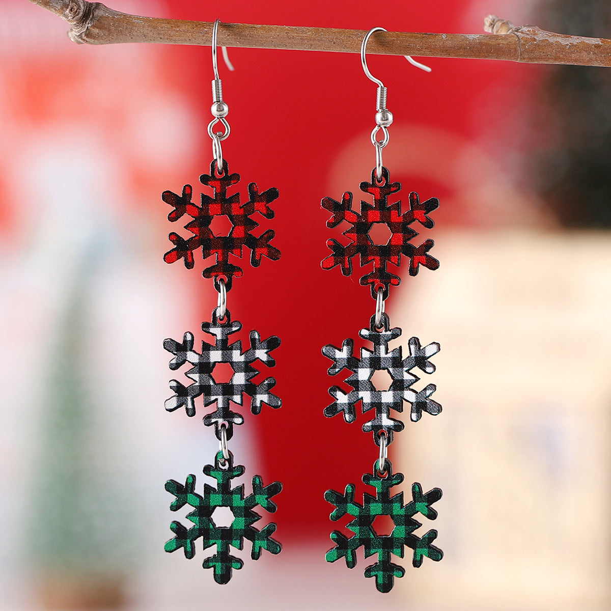 Wholesale Christmas Colorful Dog Paw Christmas Tree Plaid Snowflake Triple Wood Earrings ACC-ES-ChuLian062