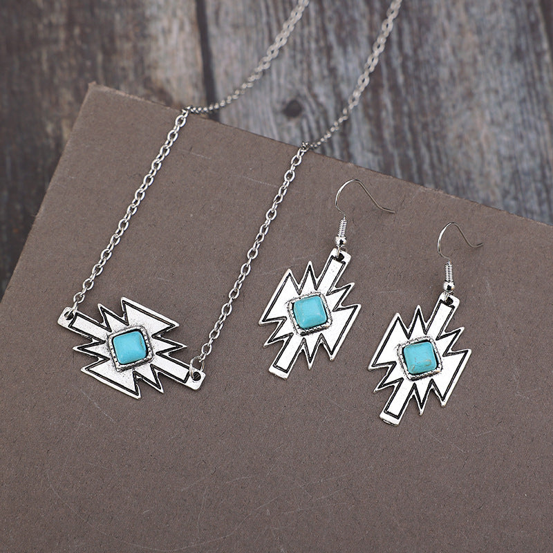 Wholesale Ethnic Style Rhombus Turquoise Inlay Jewelry Set Earrings and Pendant Necklace for Gift Fashion Accessory