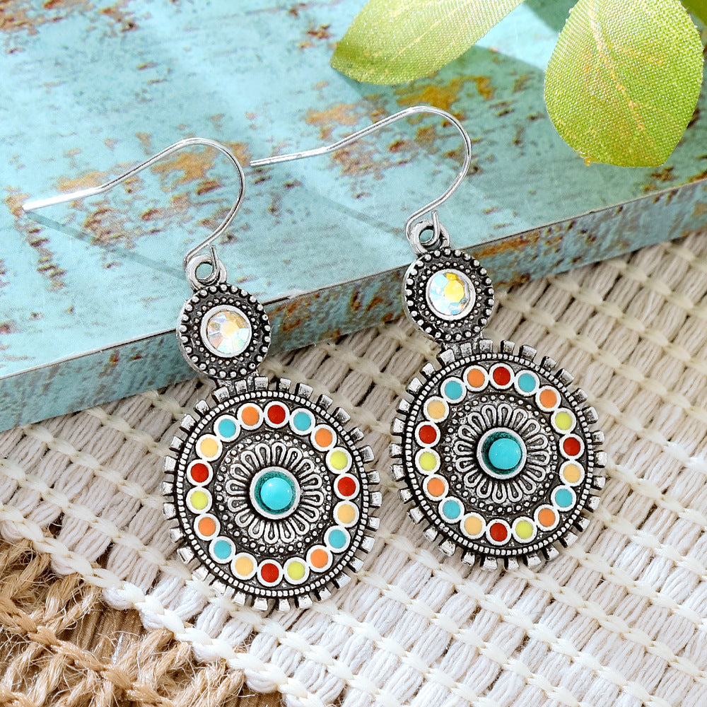 Wholesale Alloy Retro Ethnic Turquoise Bohemian Geometric Oil Drip Earrings Jewelry Accessory