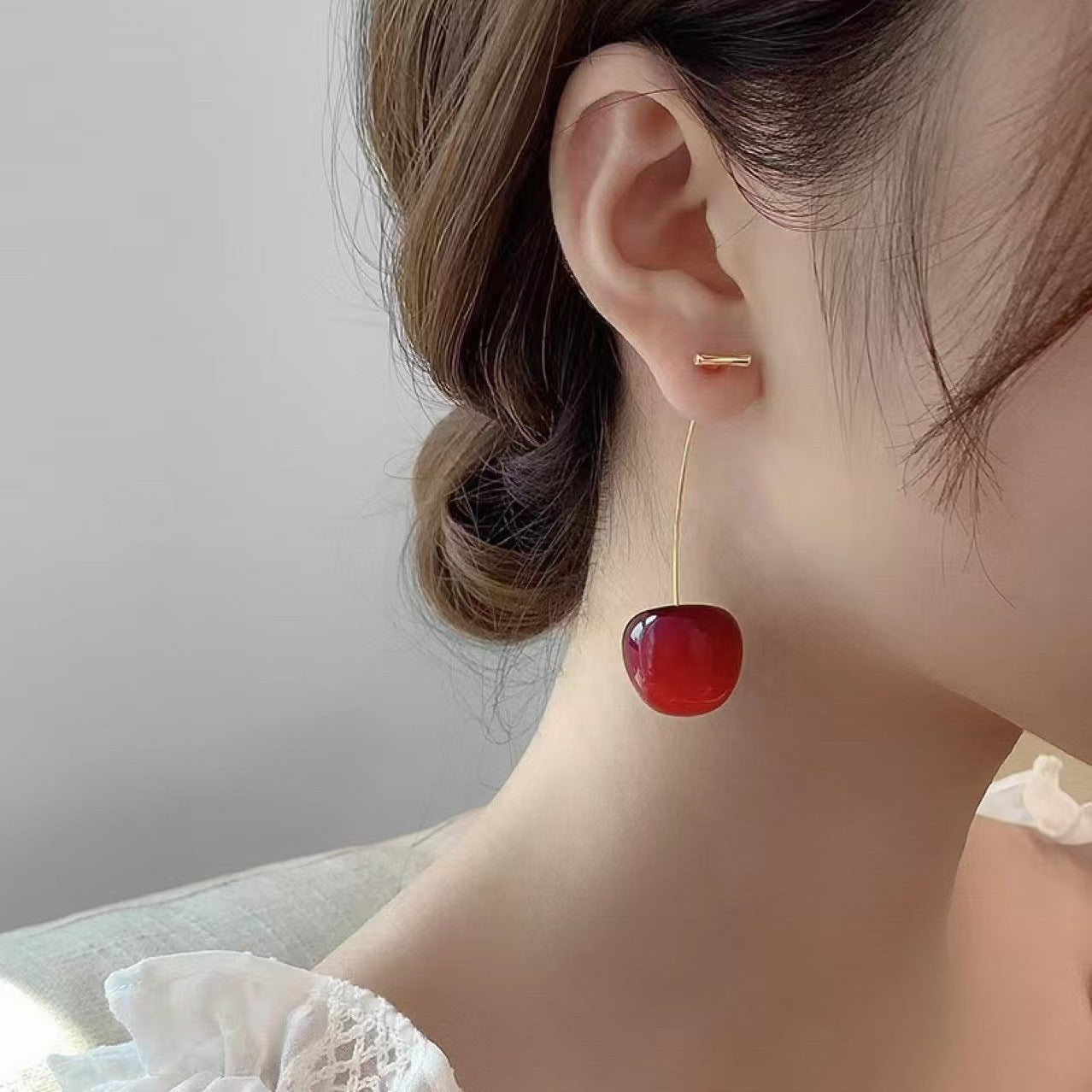 Wholesale Trendy Dark Red Cherry Fruit Earrings Women S Round Stud Earrings Alloy Electroplated Sweet Everyday Jewelry Accessory For Resale