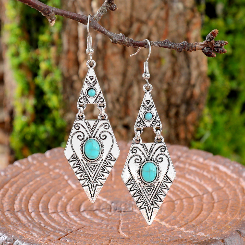 Wholesale Bohemian Turquoise Geometric Metal Texture Earrings Fashion Accessory for Party Boutique Resale