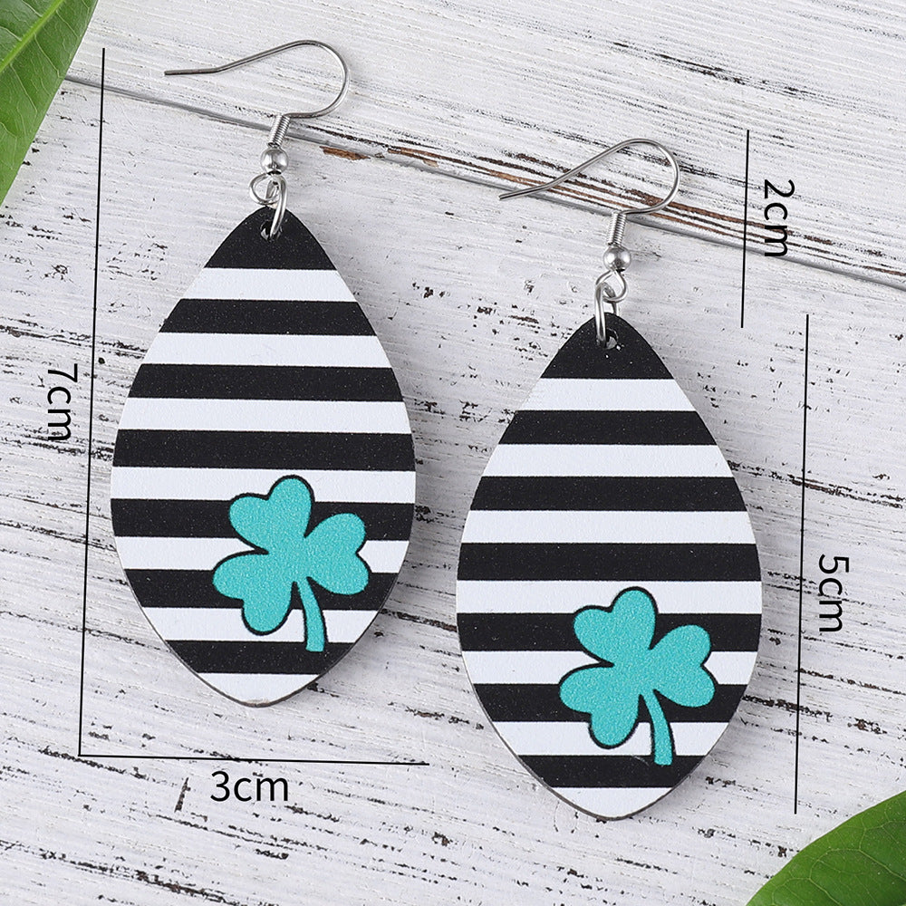 Wholesale Wooden St.  Patrick' s Day green clover heart zebra print earrings
