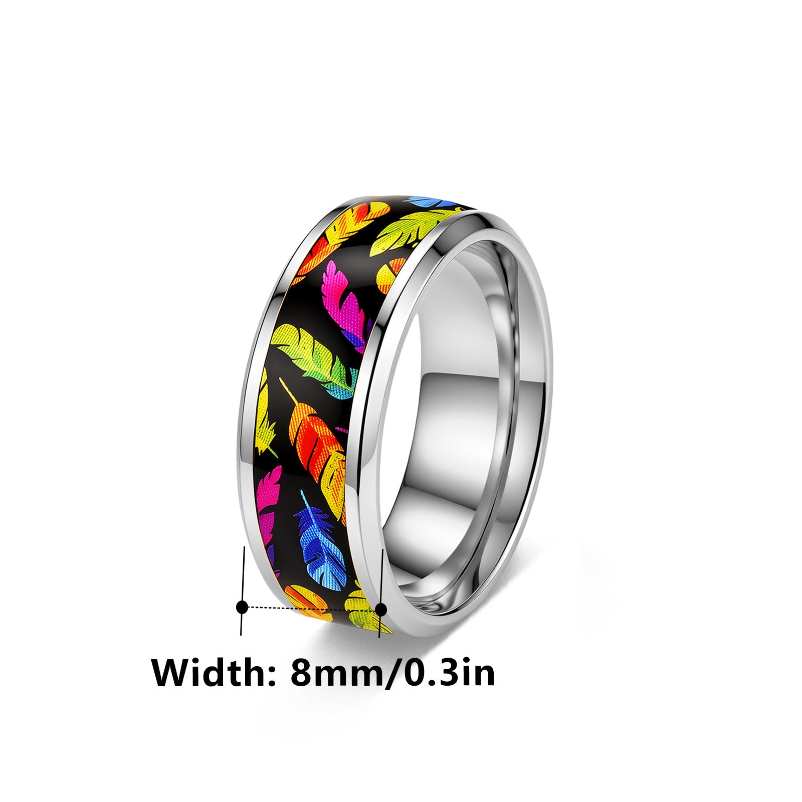 Wholesale Rainbow Feather Print Stainless Steel Ring European American Style Fashion Jewelry Accessory