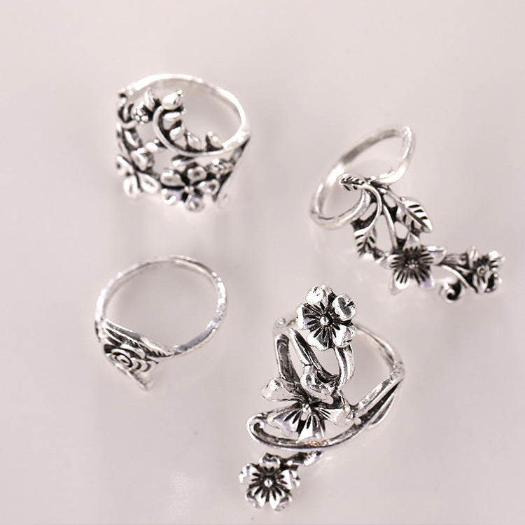 Wholesale Zinc Alloy Vintage Floral Vine Ring Set Ancient Silver Butterfly Design Everyday Fashion Jewelry Accessory