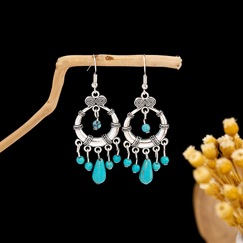 Wholesale Retro Ethnic Style Blue Turquoise Hollow Ring Flower Tassel Earrings Jewelry Accessory