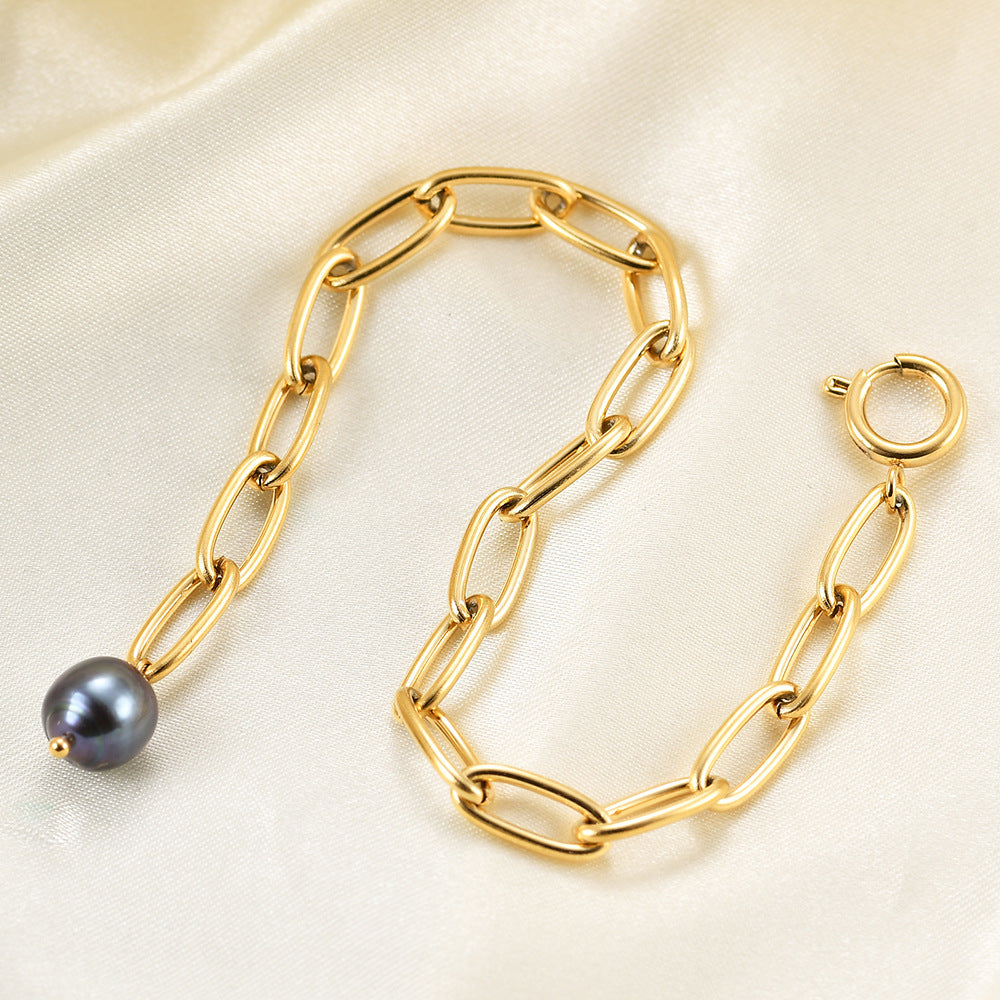 Wholesale titanium steel retro punk simple black pearl cross bracelet